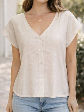 Reistor Hemp Blend V-Neck Button Front Top XL Off White Sustainable NWT